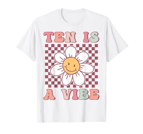 PRICES MAY VARY. Ten is a Vibe! This Groovy Birthday Party outfit reads Ten Is A Vibe with a Smiling Daisy Flower and a groovy vintage or retro Daisy flower theme. Perfect for 10 year old groovy girls on their 10th Birthday Party. This Retro Groovy birthday party theme outfit is perfect for Kids turning ten on their tenth Birthday! Featuring a retro or vintage flower theme, this 70s inspired graphic is perfect for any Matching Groovy Party! 10 is a vibe! Lightweight, Classic fit, Double-needle s Seven Is A Vibe Birthday, Groovy Birthday Party Outfit, Groovy Party Theme, Birthday Party Daisy, Groovy Birthday Party, Kindergarten Outfit, Seventh Birthday, Groovy Party, Miss Kindergarten