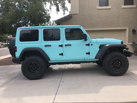 Just got my new JLU Wrangler Sport vinyl wrapped! Love! Tiffany blue Tiffany Blue Jeep Wrangler, Jeep Wrangler Wrapped, Tiffany Blue Car Wrap, Vinyl Wrap Jeep Wrangler, Jeep Wrangler Color Ideas, Jeep Wrangler Wrap Ideas, Blue Jeep Wrangler Aesthetic, Jeep Wrangler Wrap, Wrapped Jeep Wrangler