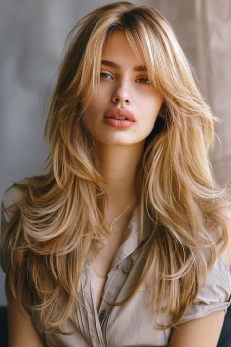 Woman with long, layered blonde hair and neutral expression. Butterfly Bangs Long Hair, Butterfly Haircut No Bangs, Med Length Butterfly Haircut, Butterfly Haircut With Blonde Highlights, Butterfly Haircut With Side Part, Butterfly Cut Shoulder Length, Hair Cuts 90s, Butterfly Haircut Medium/short, Butterfly Cut With Curtain Bangs