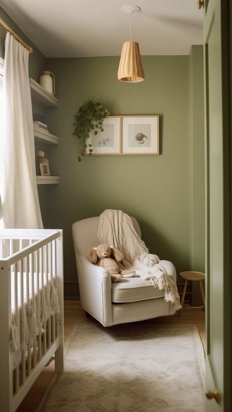 Olive Green Walls And Ceiling, Light Olive Living Room, Green Nursery Chair, Natural Green Nursery, Green Rocking Chair Nursery, Cream Rocking Chair, Nursery Light Green Walls, Cream And Green Walls, Small Nursery Paint Colors