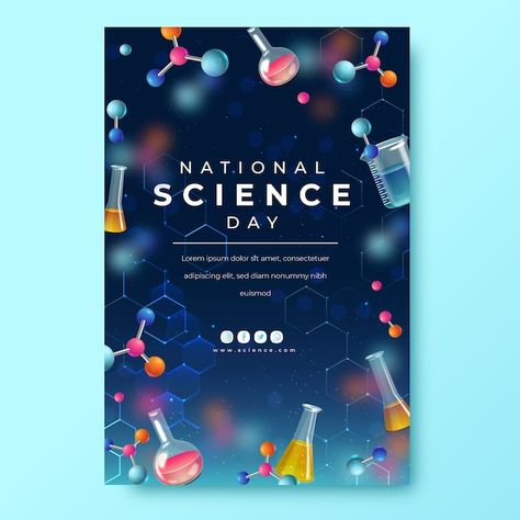 Realistic national science day vertical ... | Free Vector #Freepik #freevector #science-poster #science-day #science-template #research-poster Science Exhibition Poster Design, Science Poster Ideas High Schools, Science Event Poster, Chemistry Poster Design, Science Day Poster Design, Science Day Poster, Science Poster Design, Science Graphic Design, Science Template