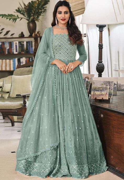 Semi-Stitched Georgette Abaya Style Kameez in Sea Green This Sleeveless Attire with Poly Shantoon Lining is Enhanced with Resham , Zari, Sequins, Mirror and Patch Border Work, Crafted in Slapped Square Neck Available with a Poly Shantoon Churidar and Net Dupatta in Sea Green The Kameez and Bottom Lengths are 56 and 46 inches respectively Do note: Sleeve and Accessories shown in the image are for presentation purposes only and length may vary upto 2 inches.(Slight variation in actual color vs. i Powder Blue Wedding, Suit Dupatta, Green Anarkali, Georgette Anarkali Suits, Blue Anarkali, Floor Length Anarkali, Powder Blue Color, Georgette Tops, Silk Bottoms