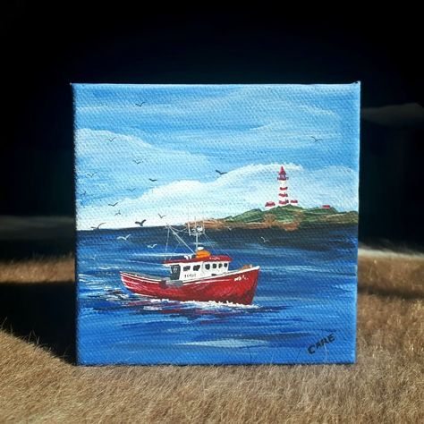 Easy Paintings On Small Canvas, Mini Ocean Paintings, Oil Painting Small Canvas, 5x7 Canvas Painting Ideas, 4x4 Canvas Painting Ideas, Nautical Painting Ideas, Small Canvas Painting Ideas, Mini Toile, Nautical Painting