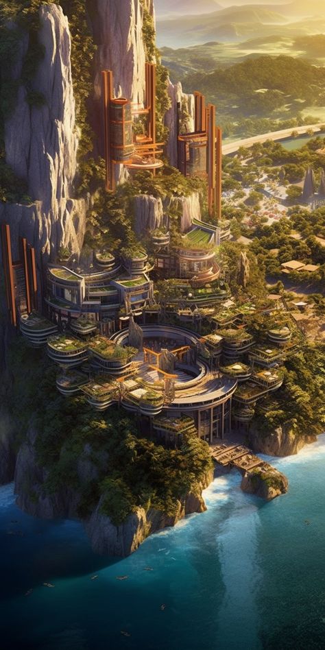 Fantasy city landscape Fantasy Tropical City, Fantasy Island City, Floating City Fantasy Art, Fantasy City Landscape, Biopunk City, Fantasy Cities, Sci Fi Landscape, Sci Fi City, Fantasy Island