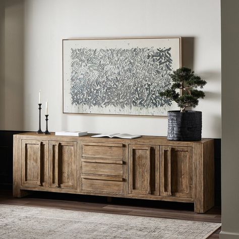 Briarbrook Sideboard Distressed Light Pine Four Hands Long Sideboards Living Room, Sideboard Decor Dining Room Buffet Ideas, Sideboard Styling Dining Room, Sideboard Decor Ideas, Large Entryway Decor, Sideboard Decor Dining Room, Extra Long Sideboard, Buffet Sideboard Dining Room, Living Room Buffet