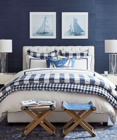 20 Blue Bedroom Ideas with a Coastal Beach Theme - Coastal Decor Ideas Interior Design DIY Shopping Navy Blue And White Bedding Master Bedrooms, Coastal Bedroom Navy Blue And White, Modern Beach House Bedroom Ideas, Nautical Bedroom Ideas Master, Navy Nautical Bedroom, Navy Themed Bedroom, Navy And White Coastal Bedroom, Coastal Navy Bedroom, Navy Blue And White Bedroom