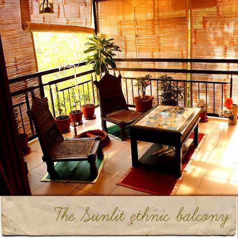 Sunlit Balcony Indian Balcony Decor, Traditional Balcony, Cane Table, Indian Balcony, Ethnic Furniture, India Decor, Indian Interiors, Ethnic Home Decor, Ethnic Decor