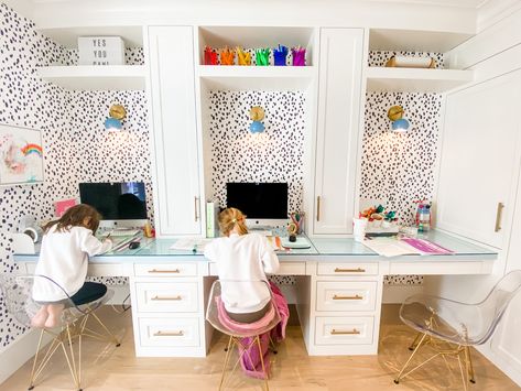 Kids Homework Room, Kids Homework Station, Homeschool Room Design, Homework Room, Katie Kime, Hydrangea Blue, Homework Station, Kids Homework, Lighting Bathroom