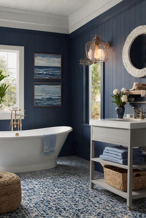 Dive into the calming depths of Hale Navy (HC-154) with nautical decor inspiration for a coastal bathroom retreat. Transform your space with sophisticated design elements. #Ad #homedecor #homedesign #bathroom #Painthome interiorarchitecture best Wall Colors for Bathroom Colors
Bright Room Colors
best colors combinations bathroom
bathroom Remodeling
Modern Paint Colors
2024 Navy And White Tile Bathroom, Navy Blue Walls Bathroom, Blue Bathroom Design Ideas, Hale Navy Bathroom Walls, Blue White Bathroom Ideas, Navy Small Bathroom, Blue Restroom Ideas, Navy And Cream Bathroom, Bold Blue Bathroom