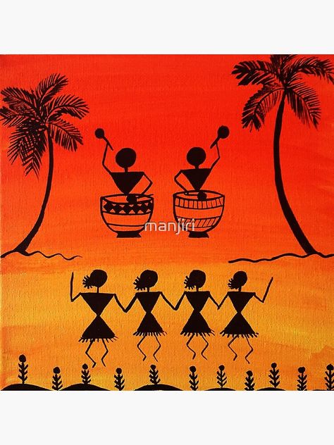 "Warli painting - Traditional Art from India " Canvas Print for Sale by manjiri | Redbubble Organisation, Warli Art Composition, Basic Painting For Beginners, Matka Decoration, Bird Composition, Warli Designs, Hostel Decor, Warli Paintings, Falooda Recipe