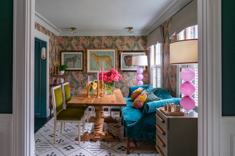 Punch | Wall | Urban Electric Company Liz Caan, Yellow Side Table, Ornate Chairs, Cottage Dining, Maximalist Interior, Green Armchair, Dining Room Colors, Real Homes, Bedroom Images