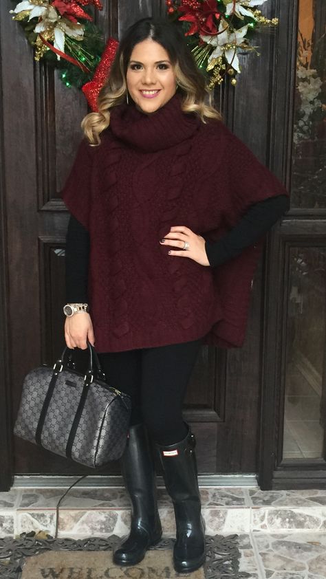 Burgundy turtleneck cable knit poncho | sweater | black leggings | black hunter boots | glossy | outfit ideas | rainy day | New Year's Eve | style | mommy style | winter | what to wear | Gucci | medium joy Boston bag | gunmetal | Poncho Outfit, Hunter Boots Outfit, Black Hunter Boots, Knit Poncho Sweater, Boating Outfit, Winter Leggings, Outfit Winter, Poncho Sweater, Knitted Poncho