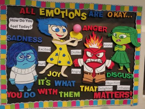 Emotional Bulletin Board Ideas, Emotion Bulletin Board Ideas, Emotions Board Classroom, Guidance Bulletin Boards Middle School, All Emotions Are Okay Bulletin Board, Self Control Bulletin Board Ideas, Inside Out Theme Bulletin Board, Emotion Board Preschool, Emotions Decoration Classroom