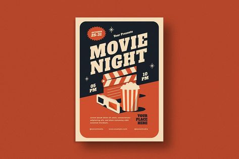 Movie Night Poster, Movie Night Flyer, Theater Ticket, Retro Template, Movie Night Invitations, Outdoor Movie Theater, Professional Poster, Christmas Movie Night, Night Movie