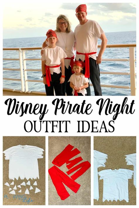 Pirate Night on a Disney Cruise - Plowing Through Life Diy Family Pirate Costumes, Pirate Themed Costumes, Disney Cruise Pirate Night Outfit Ideas, Pirate Hats Diy, How To Dress Like A Pirate, Disney Cruise Pirate Night Outfit Family, Pirate Dress Up Day At School, Pirate Night Disney Cruise Outfit Diy, Diy Pirate Outfit