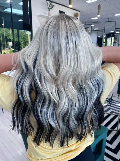 Icy Blonde With Black Highlights, Blonde Hair Color Underneath Ideas, Blonde With Dark Brown Peekaboos, Icy Blonde With Brown Underneath, Platinum Top Dark Bottom Hair, Skunk Hair Mostly Blonde, Blonde Hair W Black Streaks, Platinum On Black Hair, Silver And Black Hair Highlights