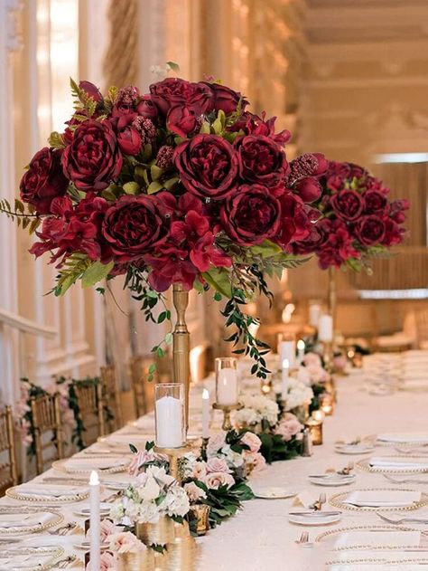 Burgundy Flower Centerpieces, Wedding Table Decorations Burgundy, Roses Wedding Centerpieces, Red Wedding Theme Romantic, Flower Table Centerpieces, Fake Flower Bouquet, Hydrangea Bouquet, Material Wreaths, Artificial Bouquet