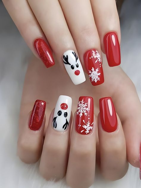 24pcs/set Long Coffin Shaped Christmas Cartoon Red Glitter Snowflake Pattern Cute False Nails, Detachable Nail Tips For Nail Art Decoration, Suitable For Holiday, Daily Wear, Party, Date, Friends Get Together Christmas Gel Nails, Xmas Nails, Christmas Nails Short, Manikur Kuku, Red Christmas Nails, Cute Christmas Nails, Holiday Nail Art, Christmas Nail Art Designs, Christmas Nail Designs