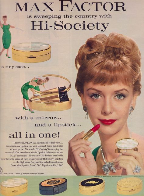 https://flic.kr/p/Hfq8hA | Max Factor High Society 1959 1959 Makeup, Max Factor Lipstick, 1950s Beauty, 1950s Makeup, Cosmetic Ads, Vintage Makeup Ads, Beauty Ads, Beauty Advertising, Makeup Ads