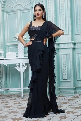 Shop for Ariyana Couture Black Viscose Georgette Draped Ruffle Saree And Sequin Work Blouse Set for Women Online at Aza Fashions Couture, Black Plazo, Ruffle Saree With Belt, Black Ruffle Saree, Ruffle Saree Blouse, Ruffled Saree, Sequins Saree, Saree With Belt, Draped Saree