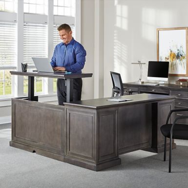 Adjustable Height L-Desk with Right Return and Credenza Set - 8827457 | OfficeFurniture.com Nj House, Navy Furniture, L Shaped Executive Desk, Double Pedestal Desk, L Desk, Desk Dimensions, Office Space Design, Desk Height, Corner Wall