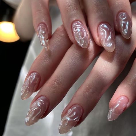 Moderate Nail Art, Chrome Clear Nails, Jelly Gel Nails Short, Funky Bridal Nails, Korean Nails White, Structure Gel Manicure, Water Drop Nails, Aphrodite Nails, Cateyes Nails