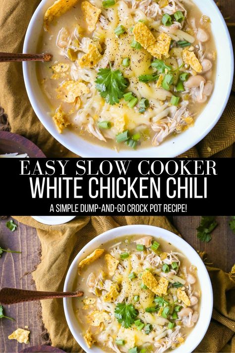 Chili Soup Crockpot, Crockpot Chili Recipe Healthy, Crock Pot White Chicken Chili, Healthy Chili Crockpot, White Chicken Chili Soup, Crockpot Chicken Chili Recipes, Easy White Chicken Chili Recipe, Chicken Chili Soup, Easy Chicken Chili