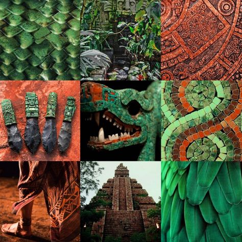 Rusty orange red and vibrant green aesthetic, Quetzalcoatl inspired Aztec aesthetic Aztec Mythology Aesthetic, Aztecs Aesthetic, Mesoamerican Aesthetic, Mayan Aesthetic, Aztec Deities, Native Aesthetic, Aztec Aesthetic, Aztec Colors, Maya Aesthetic