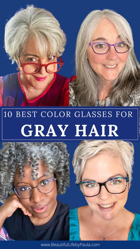 Check out the 10 best color glasses frames for gray hair so you look fabulous! You'll never wonder what color glasses look good with gray hair again! | glasses for gray haired women | grey hair and glasses Glasses Frames Grey Hair, Best Eye Glass Frames For Gray Hair, Eye Glass Frames For Women With Grey Hair, Eye Glass Frames For Women With Gray Hair, Hairstyles For Gray Hair Over 50 New Looks, Eyeglasses For White Hair Women, Eyeglasses For Women Over 60 Gray Hair, Best Color Glasses For Grey Hair, Best Glasses For Gray Hair