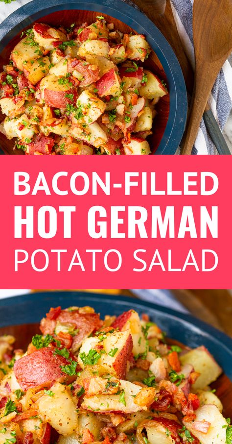 Old-Fashioned Hot German Potato Salad -- this German potato salad recipe makes an ideal summer side dish. Guests will flip for the tangy coarse Dijon apple cider vinegar dressing, along with the crispy fried bacon bits. Serve it hot, warm, or cold at your next cookout! | authentic german potato salad | easy german potato salad | traditional german potato salad #germanpotatosalad #potatosalad #potatorecipes #germanfood #baconrecipes #sidedish #sidedishrecipes #cookoutfood #potatosaladrecipe Hot German Potato Salad, Warm German Potato Salad, Authentic German Potato Salad, German Potato Salad Recipe, Fried Bacon, German Food Authentic, German Potato, German Potatoes, Easy Potato Salad