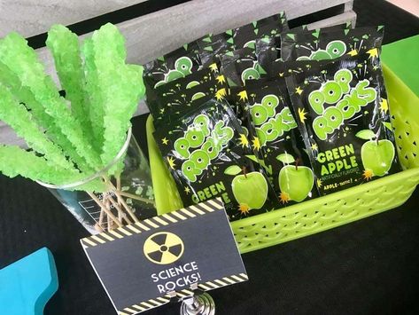 Science Birthday Party Ideas | Photo 8 of 20 | Catch My Party Science Party Gift Bags, Subnautica Party Ideas, Radioactive Birthday Party, Science Party Invite, Science Birthday Party Ideas Decoration, Science Bday Party Ideas, Science Themed Birthday Party Food Ideas, Nerd Party Ideas, Science Birthday Party Food