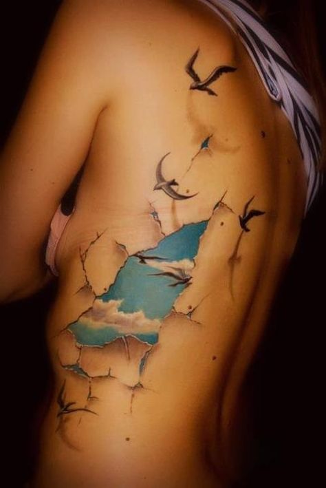 take these broken wings and learn to fly <3 Ripped Skin Tattoo, Best 3d Tattoos, Tatoo 3d, Tattoo Amor, Sky Tattoos, Amazing 3d Tattoos, Kunst Tattoos, Sick Tattoo, Cloud Tattoo