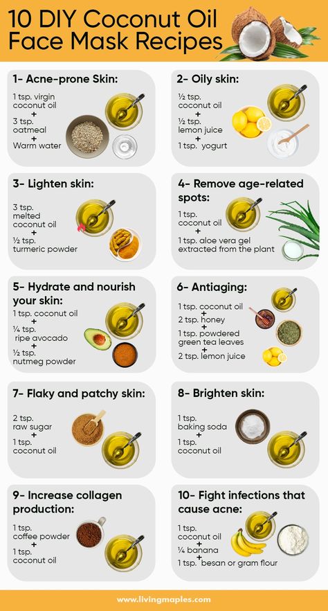 10 DIY Coconut Oil Face Mask Recipes Cooling Face Mask Diy, Coconut Oil Recipes For Skin, Coconut Oil Hacks, Diy Face Oil Recipe, Diy Face Mask For Textured Skin, Face Mask With Coconut Oil, Moisturizing Face Mask Diy, Diy Moisturizing Face Mask, Coconut Oil Face Moisturizer