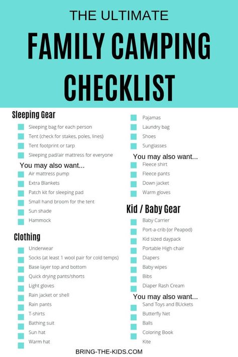 The ultimate family camping checklist. Everything you'll ever need (and a few things just to make things FUN). Don't leave home without checking it! bring-the-kids.com Family Camping Checklist, Car Camping Checklist, Tent Camping Checklist, Trip List, Camping Checklist Family, Camping Essentials List, Tent Footprint, Tents Camping, Free Printable Checklist