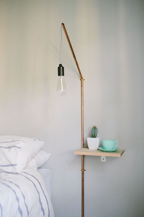 Minimalist DIY Projects Packed With Beauty Minimalist Diy Projects, Diy Bedside Table, Minimalist Diy, Koti Diy, Bedside Shelf, Diy Muebles Ideas, Brass Light Fixture, Diy Lampe, Hemma Diy