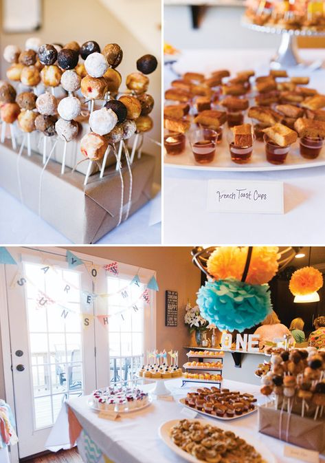 "Good Morning Sunshine" Breakfast First Birthday Party // Hostess with the Mostess® Donut Hole Skewers Brunch Ideas, 1st Birthday Breakfast Theme, Donut Skewers, Baby Birthday Brunch, First Birthday Brunch, Breakfast Brunch Party, Bday Brunch, Toast Cups, Party Breakfast