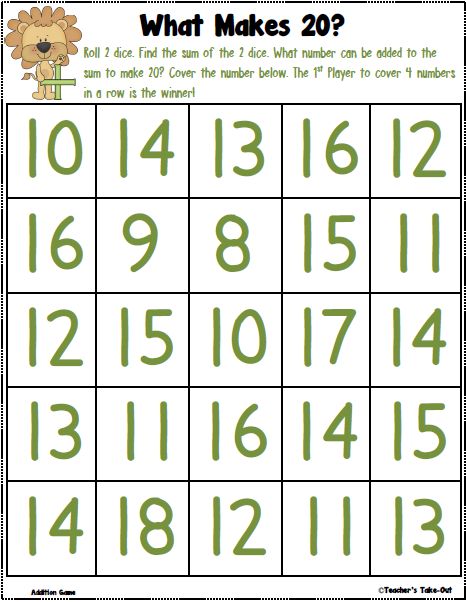 What Makes 20? - Addition Game Freebie!! Teacher's Take-Out                                                                                                                                                                                 More Making 20 Math Activities, Adding Games First Grade, Adding And Subtracting Within 20, Math Fluency, Addition Games, Math 2, Math Intervention, Fact Fluency, Math Game