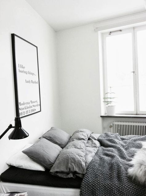 The Little Design Corner | modern grey bedrooms Minimalist Bedroom, Scandinavian Bed, Pillows And Blankets, Interior Design Minimalist, Style Deco, Gray Bedroom, White Room, Decoration Inspiration, Dream Bedroom