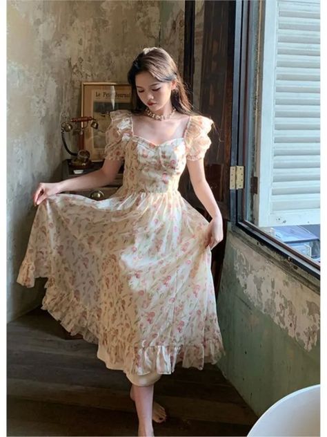 Summer 2024 Short Sleeve Floral Print Dress for Women Vintage Female High Waist Puff Sleeve Holiday Beach Dress Korean Vintage Princess Dress, Korean Dresses, Beach Holiday Dresses, Korean Female, Dress Korean, 70s Inspired Fashion, Fairy Dresses, Casual Party Dresses, Cottagecore Dress