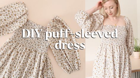 DIY Puff-Sleeve Dress | AD — Rosery Apparel Drawstring Waist Dress Sewing Pattern, Free Puff Sleeve Dress Pattern, Puff Sleeve Dress Sewing Pattern, Puff Sleeve Dress Pattern Free Sewing, Diy Shirred Dress, How To Shirring Fabric, Shirred Dress With Sleeves, Diy Sleeves On Dress, Girls Top Design Latest