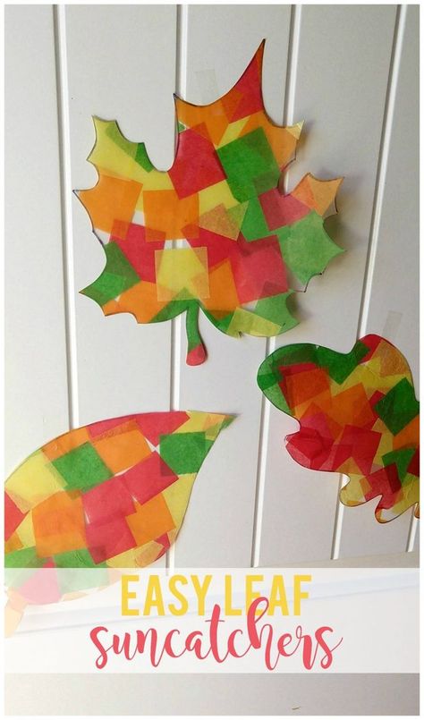 Easy leaf suncatchers made using contact paper and tissue paper is the perfect fall kids craft. Diy Suncatchers For Kids, Suncatchers For Kids, Fall Suncatchers, Contact Paper Crafts, Summer Arts And Crafts, Tissue Paper Craft, November Crafts, Paper Leaf, Diy Suncatchers