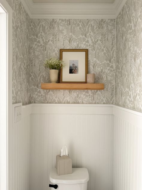 POWDER ROOM TRANSFORMATION || BEADBOARD & WALLPAPER - A Classy Fashionista Half Bath Beadboard, Bathroom With Beadboard Wainscoting, Powder Room Beadboard, Beadboard Powder Room, Wallpaper In Powder Room, Beadboard Half Wall, Beadboard And Wallpaper, Diy Powder Room, Wallpaper And Beadboard