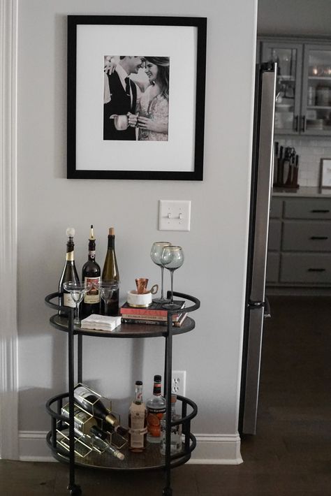 Mini Bar Designs For Home Living Room, Mens Bar Cart Styling, Small Bars For Home Bar Carts, Small Bar Cart Ideas For Home, Black Bar Cart Decor, Men’s Bar Cart Ideas, Bar Cart In Apartment, Black Bar Cart Ideas, Bar Cart Apartment Small Spaces