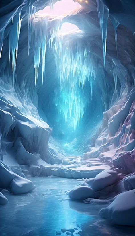 Frozen Ruins Fantasy Art, Frozen Kingdom Fantasy Art, Ice Background Winter, Underground Ice City, Snowy Landscape Fantasy Art, Frozen Mountains Fantasy Art, Fantasy Ice Kingdom Aesthetic, Fantasy Ice City, Ice World Fantasy Art