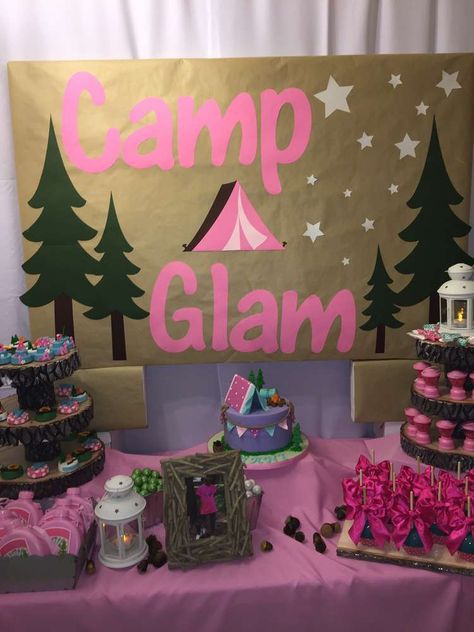 Tiani's Glam Camp 7th Birthday  | CatchMyParty.com Birthday Camping Ideas, Camping Ideas Kids, Camping Birthday Party Ideas, Glamping Birthday Party, Camping Theme Birthday Party, Birthday Camping, Camping Theme Birthday, Glamping Birthday, Glamping Party