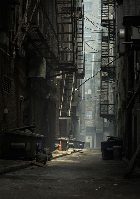 ArtStation - Alley Dark Alley Drawing, Scream Moodboard, Alley Concept Art, Cyberpunk Alley, Abandoned Street, Alley Background, Environment References, Urban Background, Game Level Design