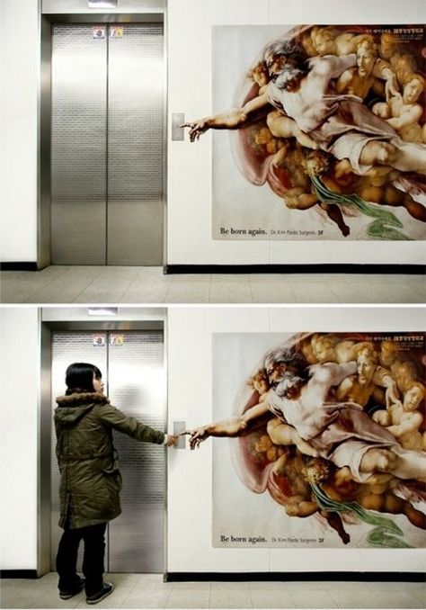 Brilliant. ❥ elevator ad for a plastic surgeon based on Michelangelo’s “Creation of Adam”. Andermatt, Brand Activation Ideas, Funny Commercial Ads, Funny Commercials, Funny Ads, Street Marketing, Guerilla Marketing, صور مضحكة, Cool Ideas