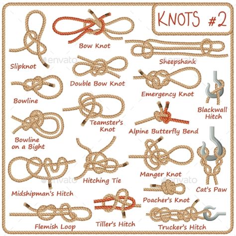 Set of Rope Knots, Hitches, Bows and Bends - Miscellaneous Vectors Rope Font, Scout Knots, Camping Knots, Types Of Knots, Survival Knots, Knots Guide, Decorative Knots, Nautical Knots, Paracord Knots