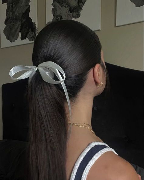 22 Ponytail Hairstyles For Black Hair To Elevate Your Style Bow On Ponytail, Hairstyles For School Slick Back, Clean Slick Hairstyles, Straight Hair With Ribbon, Low Pony With Bow, Two Ponytails Aesthetic, Coquette Hairstyles Ponytail, Slick Back Ponytail Aesthetic, Slick Back Aesthetic