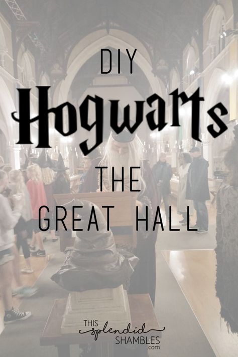 Diy Great Hall Harry Potter, Harry Potter Great Hall Decorations Diy, Christmas At Hogwarts Decorations, Harry Potter Dining Hall Diy, Harry Potter Great Hall Feast, Harry Potter Thanksgiving Decorations, Harry Potter House Warming Party, Harry Potter Dinning Room, Hogwarts Dinner Party